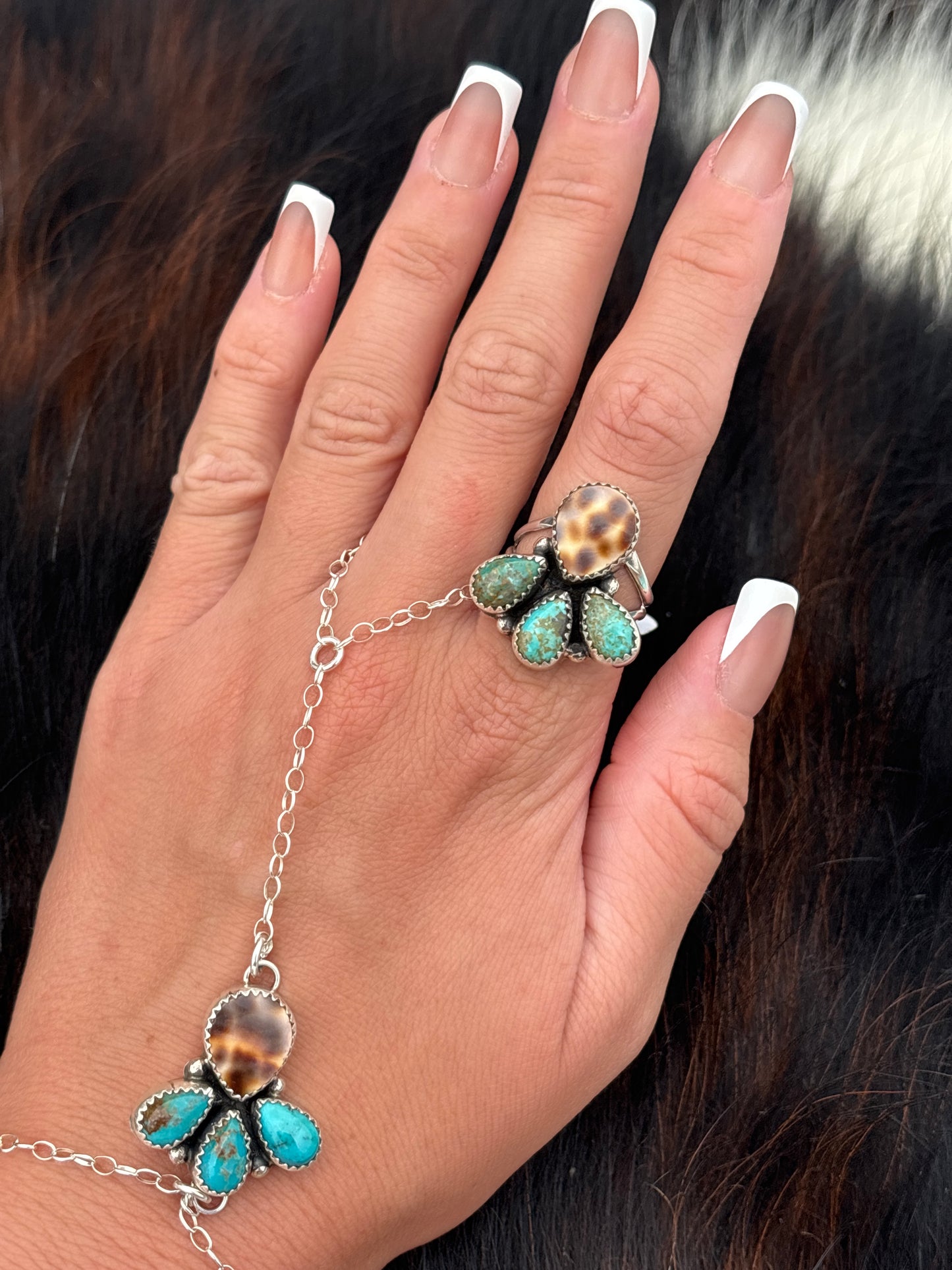 Native American, Hand-Made, Turquoise, Cowrie & Sterling Silver  Ring