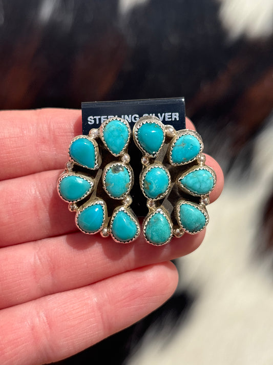 Native Made, Turquoise & Sterling Silver Cluster Earrings