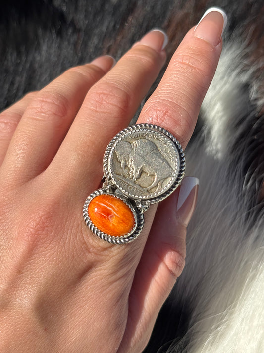 Native American, Hand-Made, Spiny Oyster, Buffalo Nickel & Sterling Silver Ring