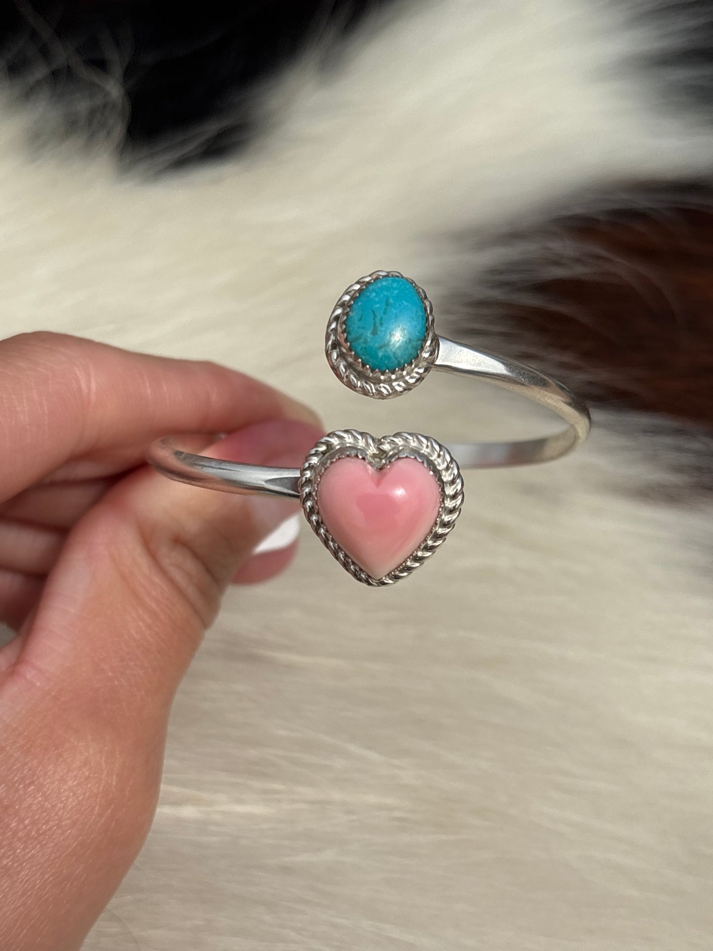 Native American, Handmade, Turquoise, Pink Conch & Sterling Silver Adjustable Cuff