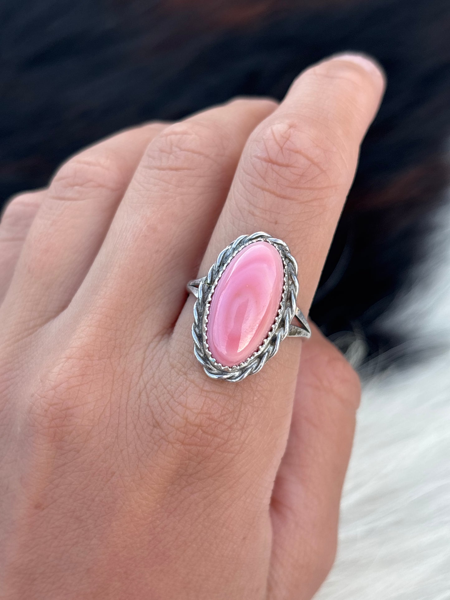 Native American, Hand-Made, Pink Conch & Sterling Silver Ring