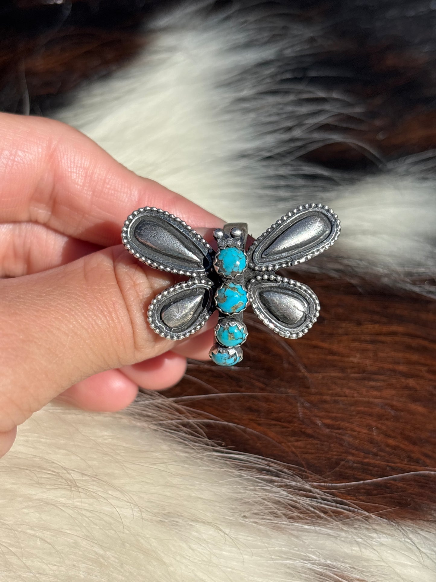Native American, Hand-Made, Turquoise & Sterling Silver Dragonfly Adjustable Ring