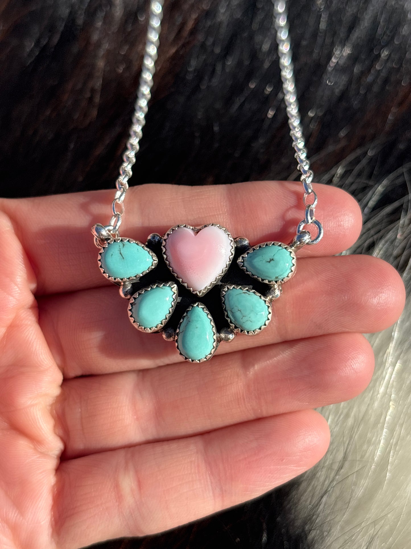 Native American, Hand-Made, Pink Conch, Turquoise & Sterling Silver Necklace