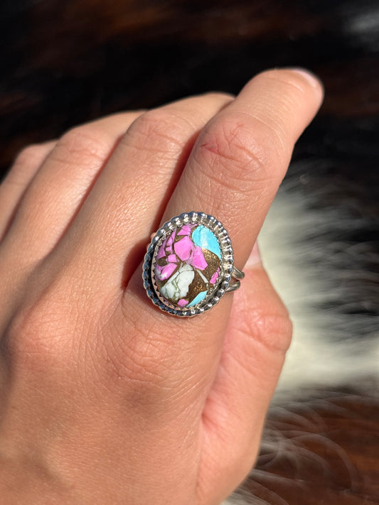 Native American, Hand-Made, Cotton Candy & Sterling Silver Ring