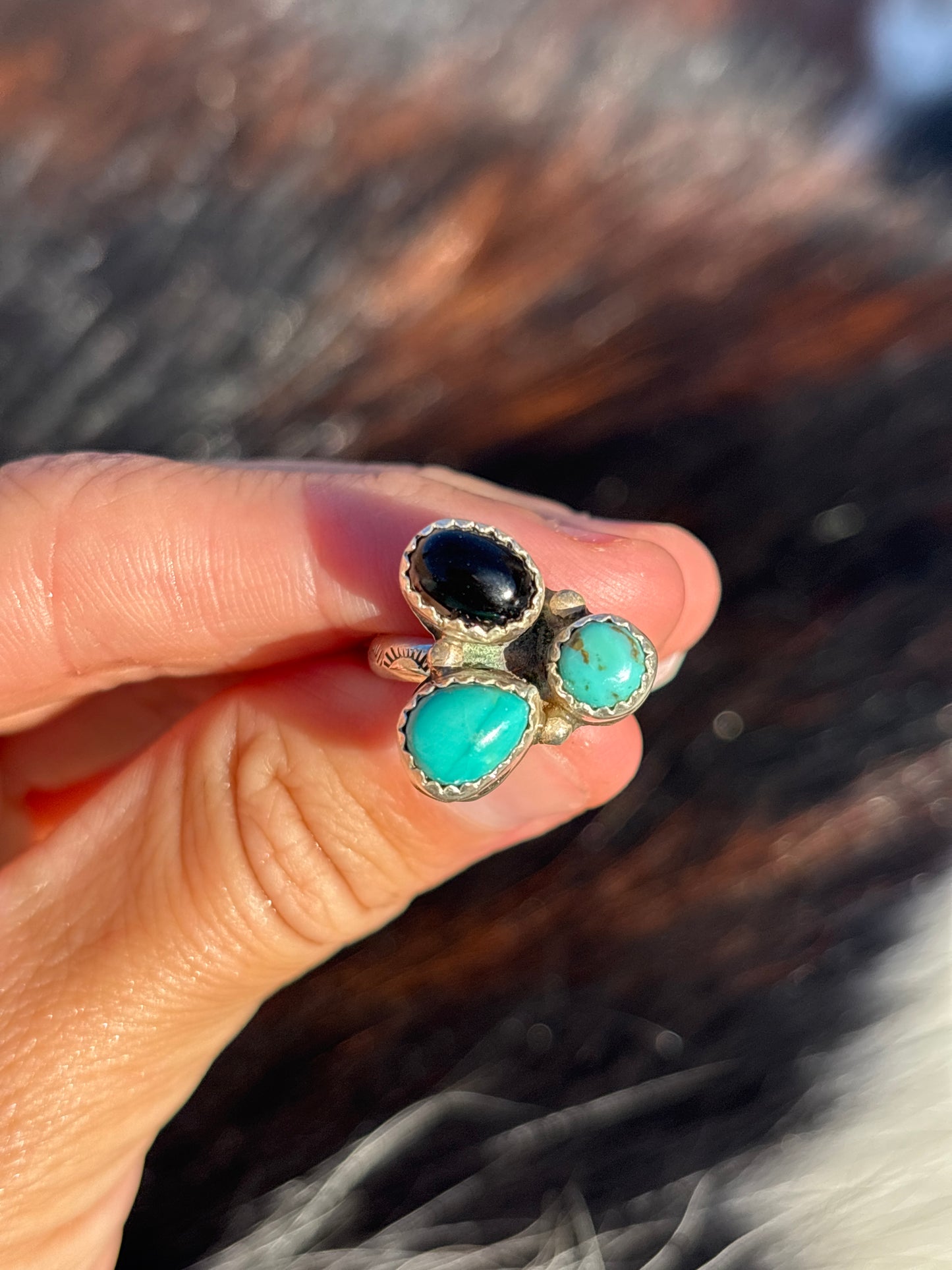 Native American, Hand-Made, Turquoise, Onyx, & Sterling Silver Ring