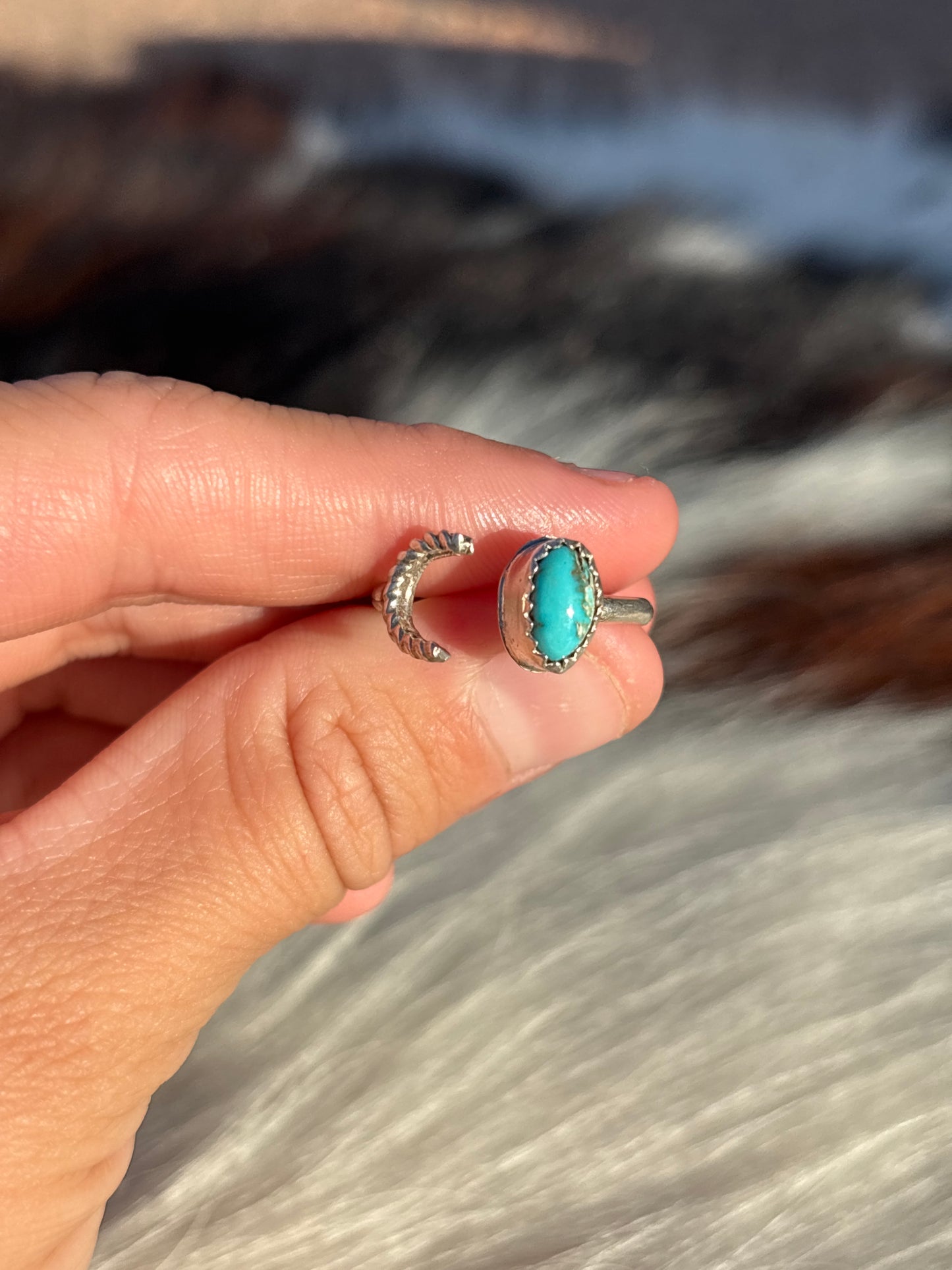 Native American, Hand-Made, Turquoise & Sterling Silver Adjustable Initial Ring