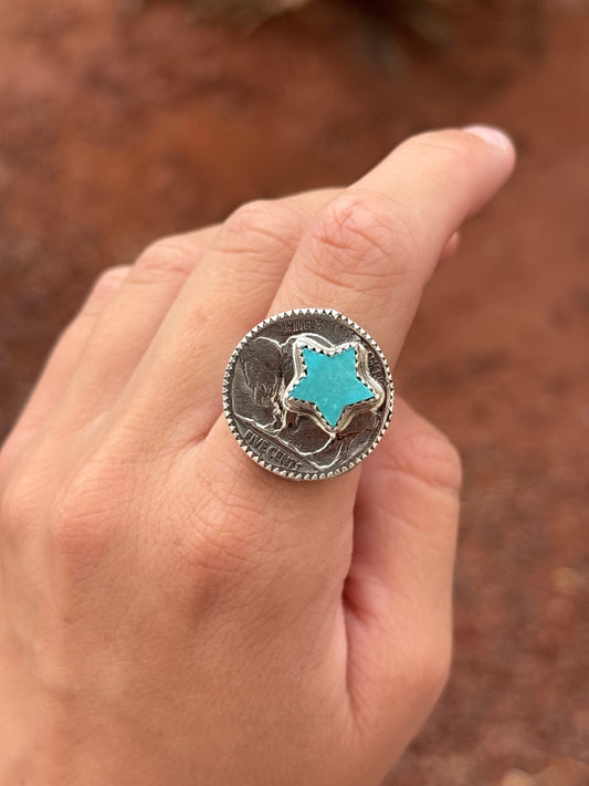 Native American, Hand-Made, Turquoise, Buffalo Nickel & Sterling Silver Ring