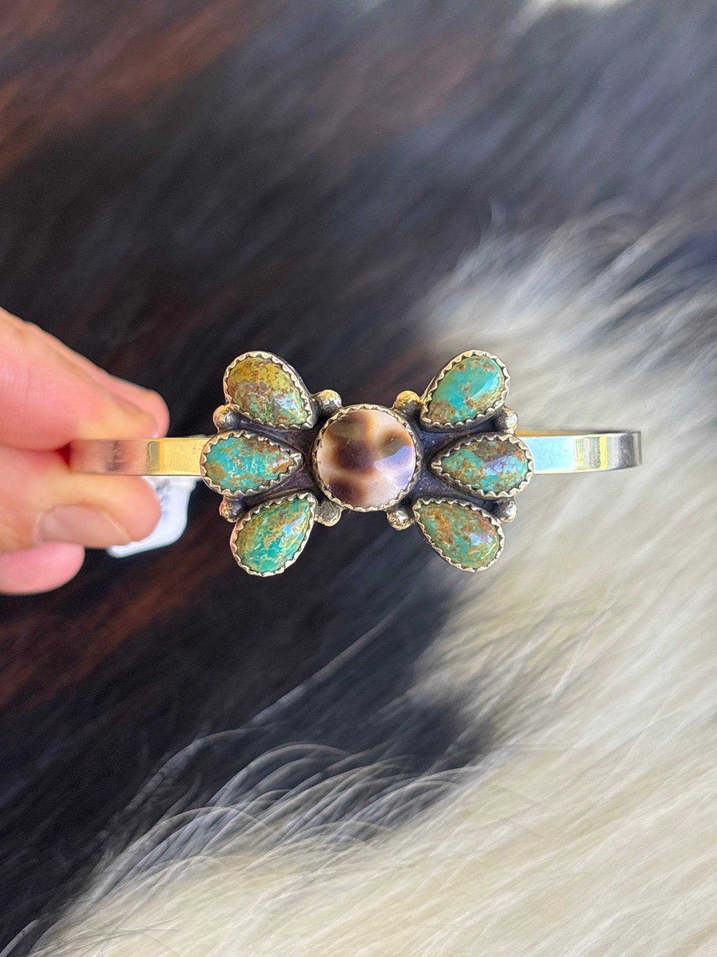 Native American, Handmade, Cowrie, Turquoise & Sterling Silver Cuff