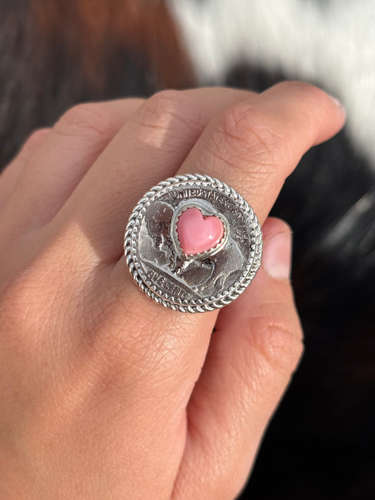 Native American, Hand-Made, Pink Conch, Buffalo Nickel & Sterling Silver Ring