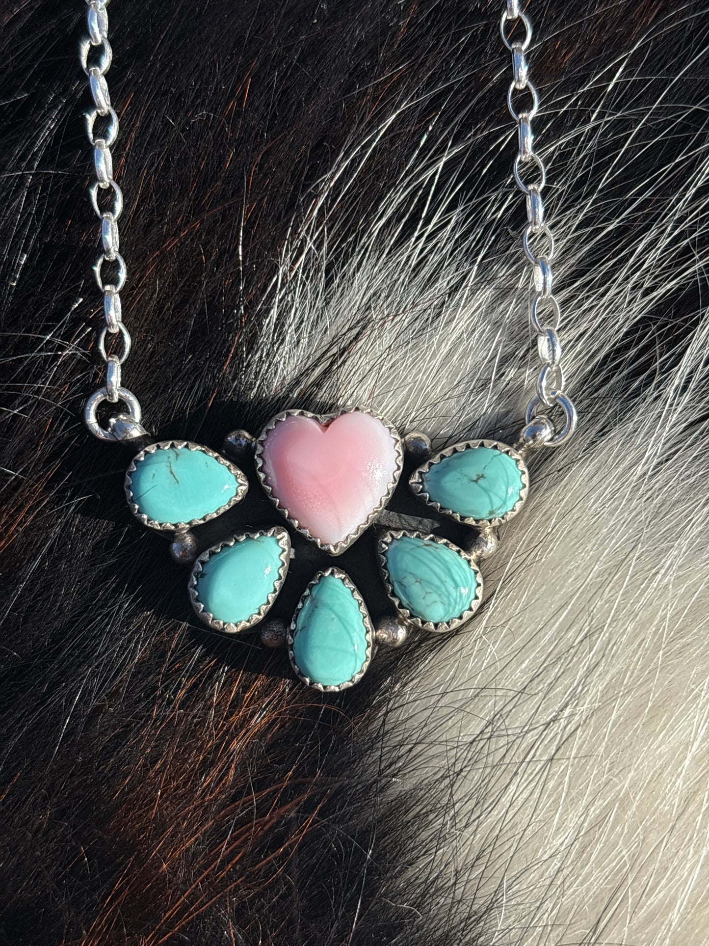 Native American, Hand-Made, Pink Conch, Turquoise & Sterling Silver Necklace