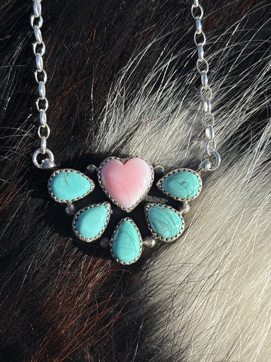 Native American, Hand-Made, Pink Conch, Turquoise & Sterling Silver Necklace