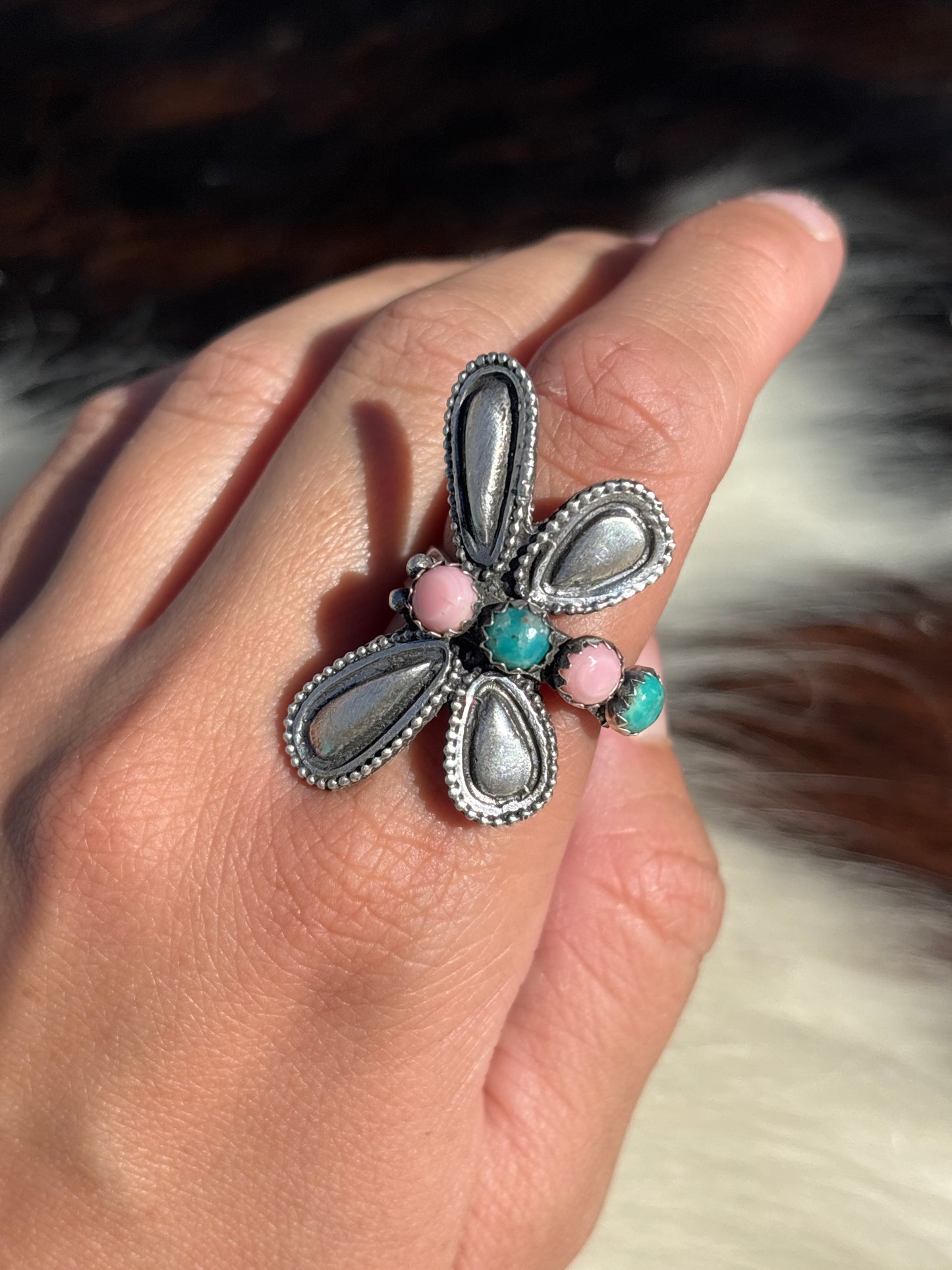 Native American, Hand-Made, Turquoise, Pink Conch & Sterling Silver Dragonfly Adjustable Ring