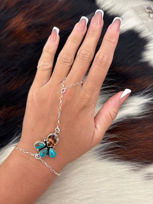 Native American, Handmade, Turquoise, Cowrie & Sterling Silver Hand Chain