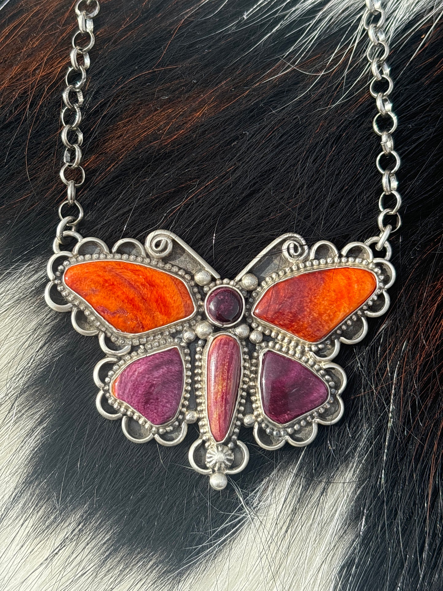 Native American, Hand-Made, Spiny Oyster & Sterling Silver Butterfly Necklace