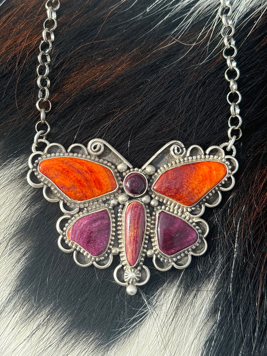 Native American, Hand-Made, Spiny Oyster & Sterling Silver Butterfly Necklace