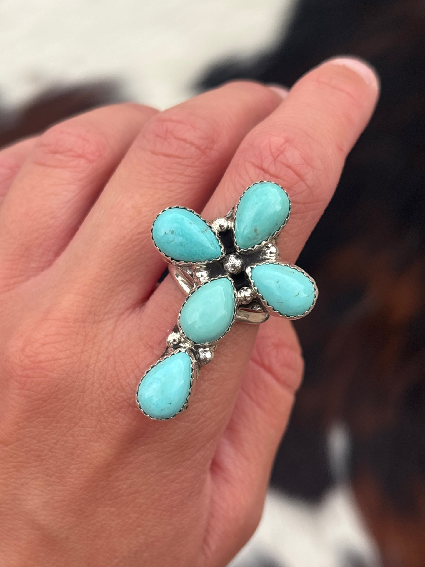 Native American, Hand-Made, Turquoise & Sterling Silver Cross Ring