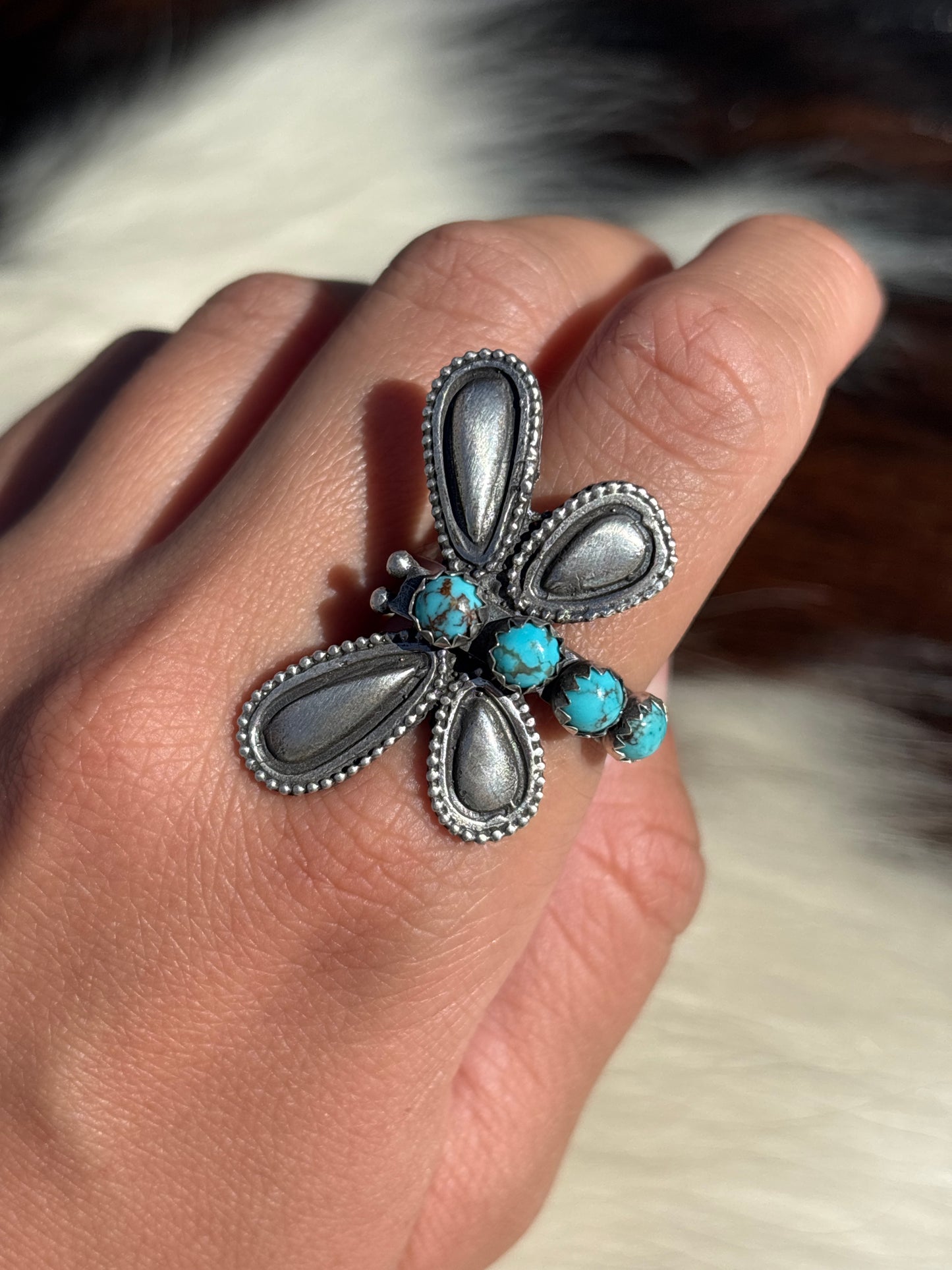 Native American, Hand-Made, Turquoise & Sterling Silver Dragonfly Adjustable Ring