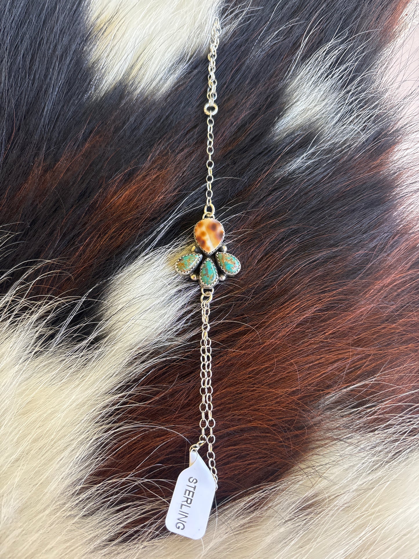 Native American, Handmade, Turquoise, Cowrie & Sterling Silver Hand Chain