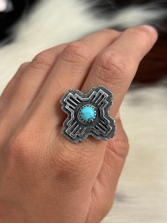 Native American, Hand-Made, Turquoise & Sterling Silver Zia Ring