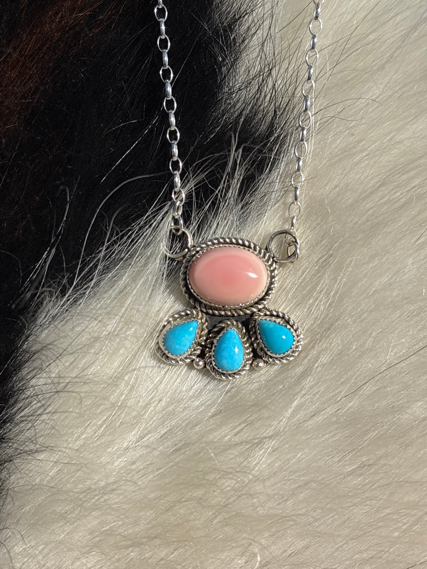 Native American, Hand-Made, Turquoise, Pink Conch & Sterling Silver Necklace