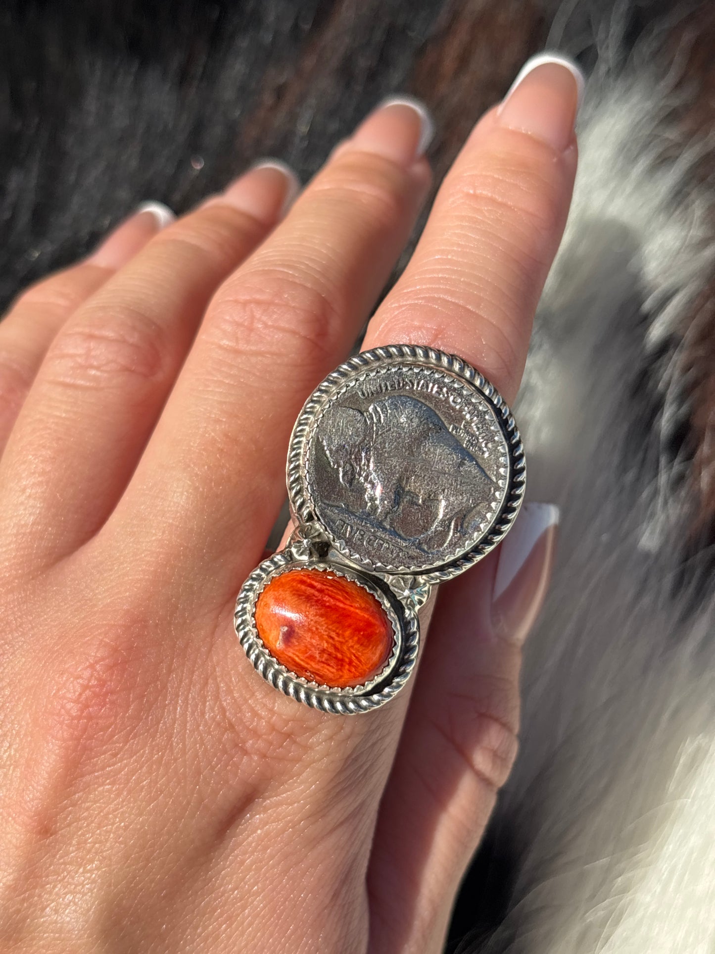 Native American, Hand-Made, Spiny Oyster, Buffalo Nickel & Sterling Silver Ring