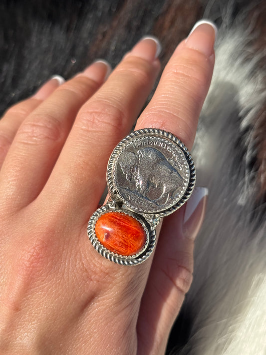 Native American, Hand-Made, Spiny Oyster, Buffalo Nickel & Sterling Silver Ring