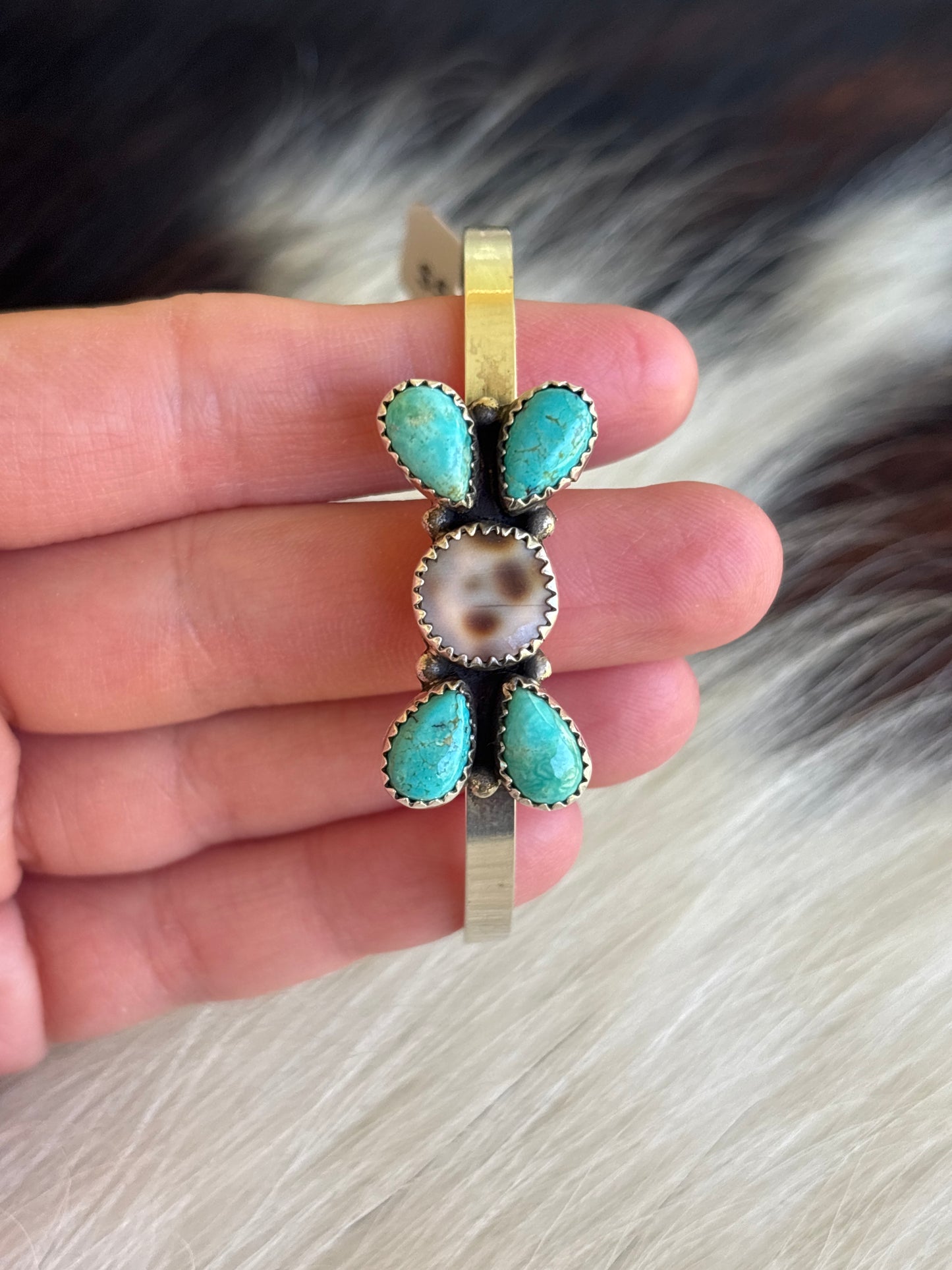 Native American, Handmade, Cowrie, Turquoise & Sterling Silver Cuff