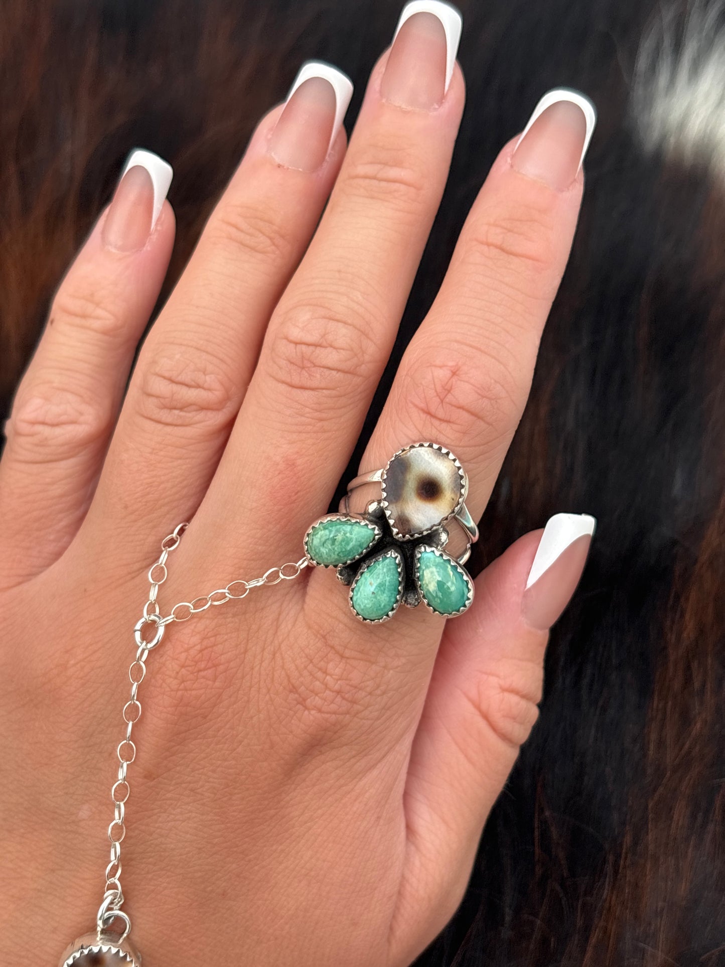 Native American, Hand-Made, Turquoise, Cowrie & Sterling Silver  Ring
