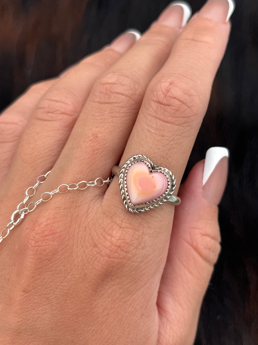 Native American, Hand-Made, Pink Conch & Sterling Silver Heart Ring