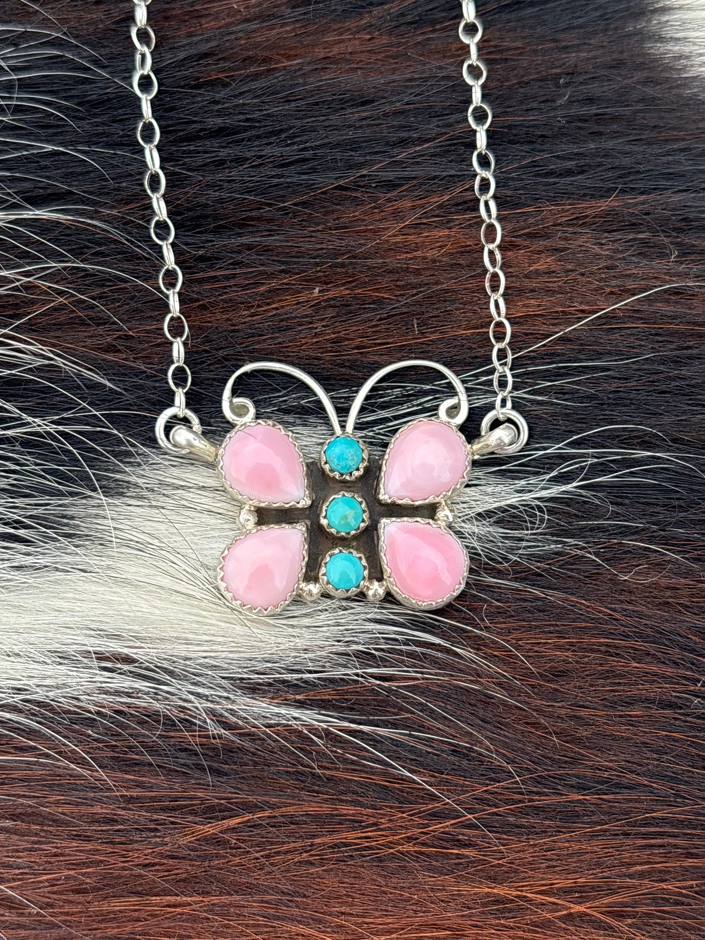 Native American, Hand-Made, Pink Conch, Turquoise & Sterling Silver Butterfly Necklace