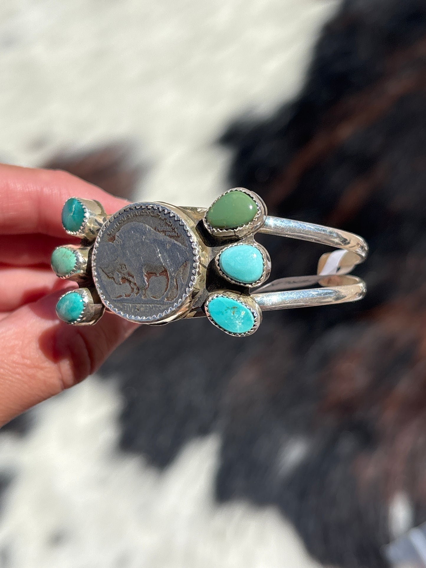 Native American, Handmade, Royston Turquoise, Buffalo Nickel & Sterling Silver Cuff