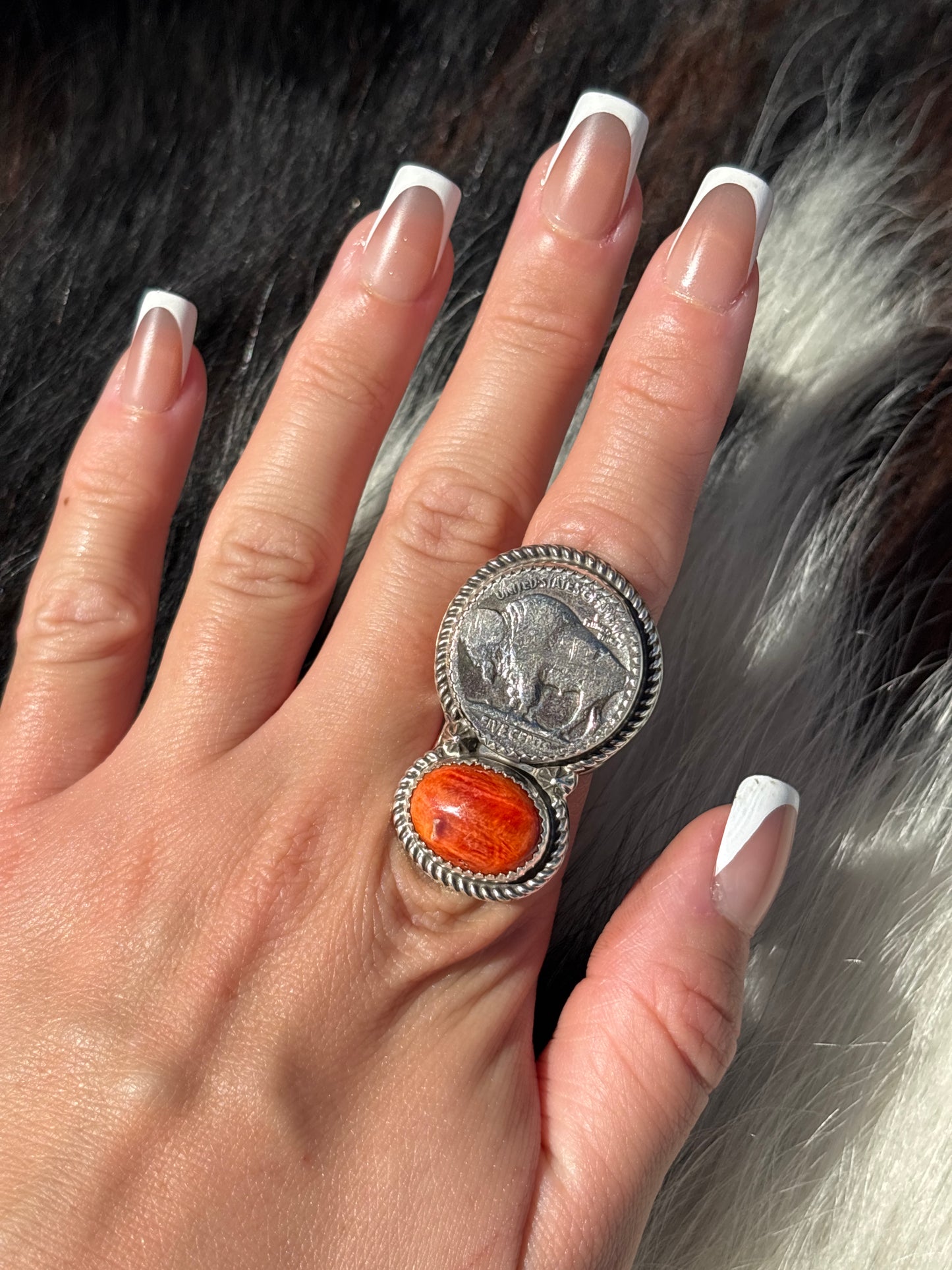 Native American, Hand-Made, Spiny Oyster, Buffalo Nickel & Sterling Silver Ring