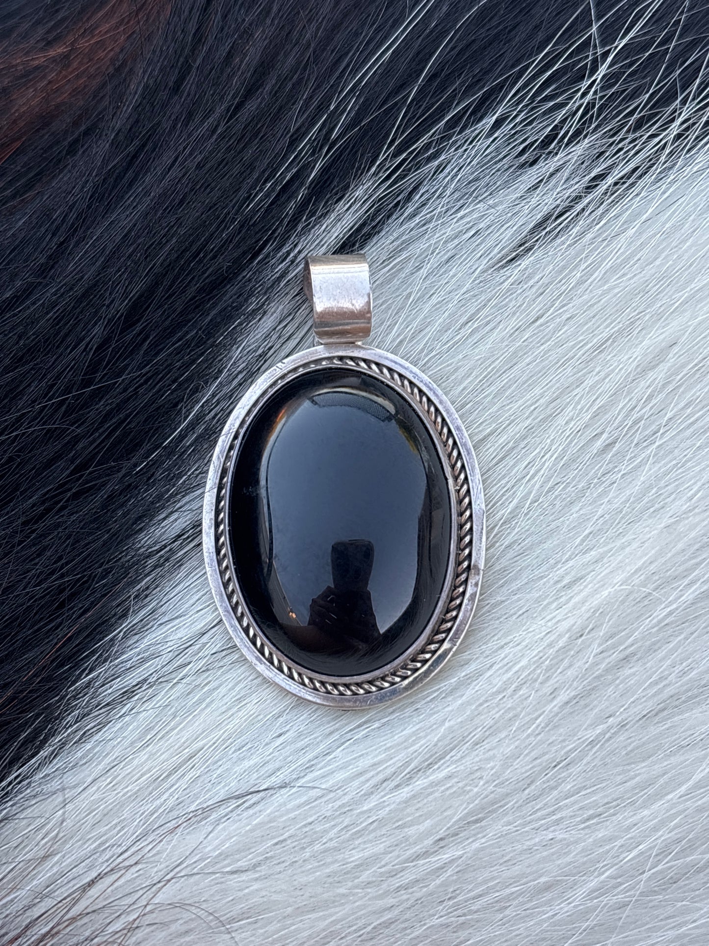 Vintage Native American, Hand-Made, Black Onyx & Sterling Silver Pendant