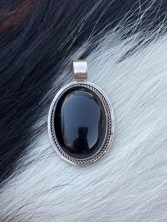 Vintage Native American, Hand-Made, Black Onyx & Sterling Silver Pendant