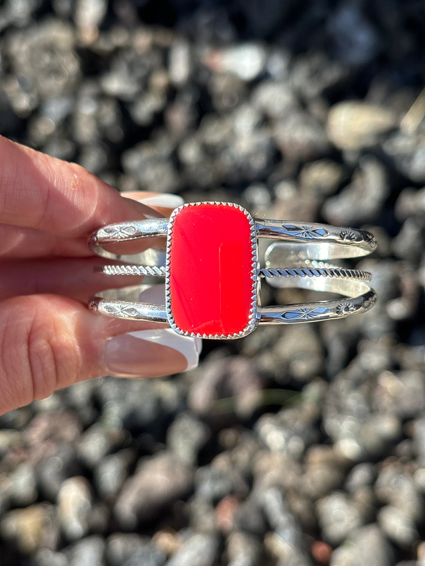 Native American, Handmade, Rosarita Red & Sterling Silver Cuff