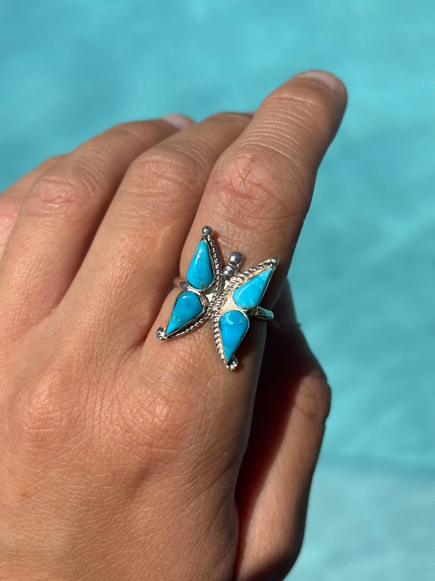 Native American, Hand-Made, Turquoise & Sterling Silver Butterfly Ring