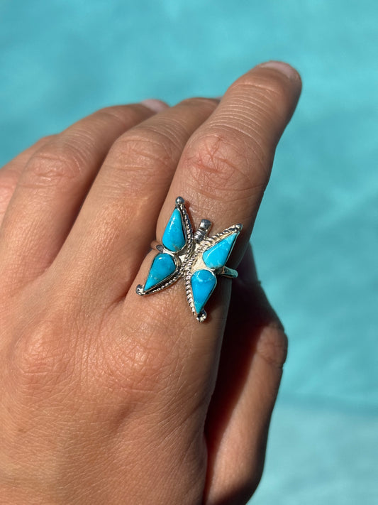 Native American, Hand-Made, Turquoise & Sterling Silver Butterfly Ring