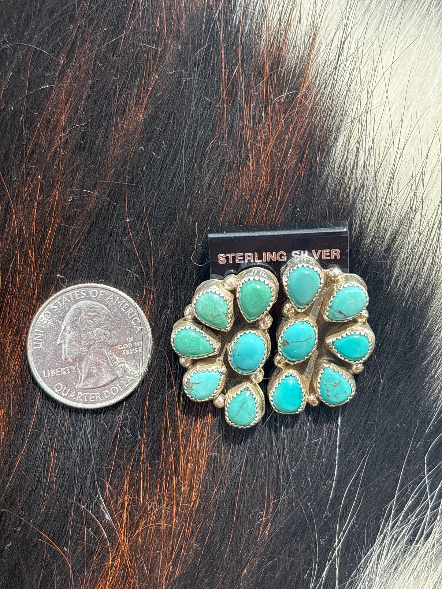 Native Made, Turquoise & Sterling Silver Cluster Earrings