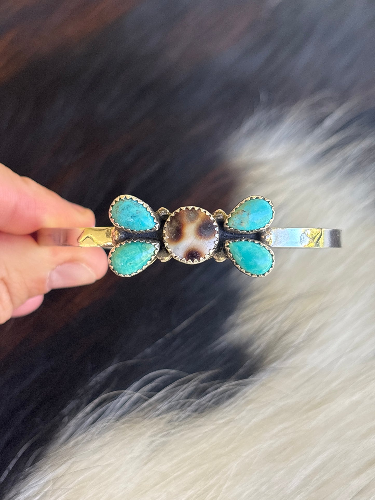 Native American, Handmade, Cowrie, Turquoise & Sterling Silver Cuff