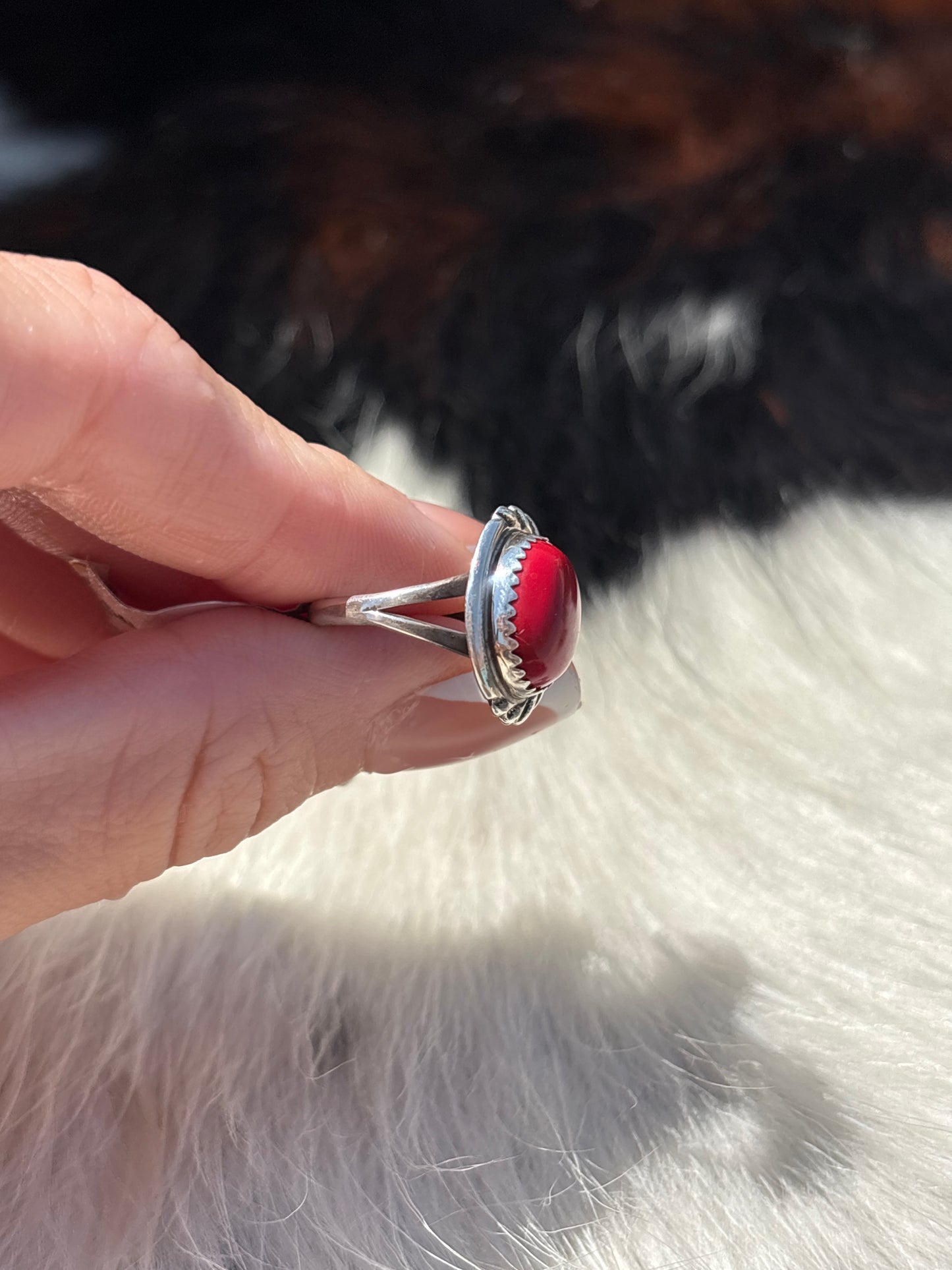 Native American, Hand-Made, Rosarita Red & Sterling Silver Ring