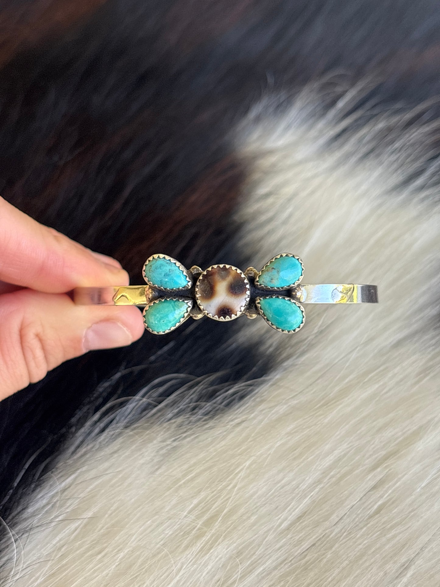 Native American, Handmade, Cowrie, Turquoise & Sterling Silver Cuff