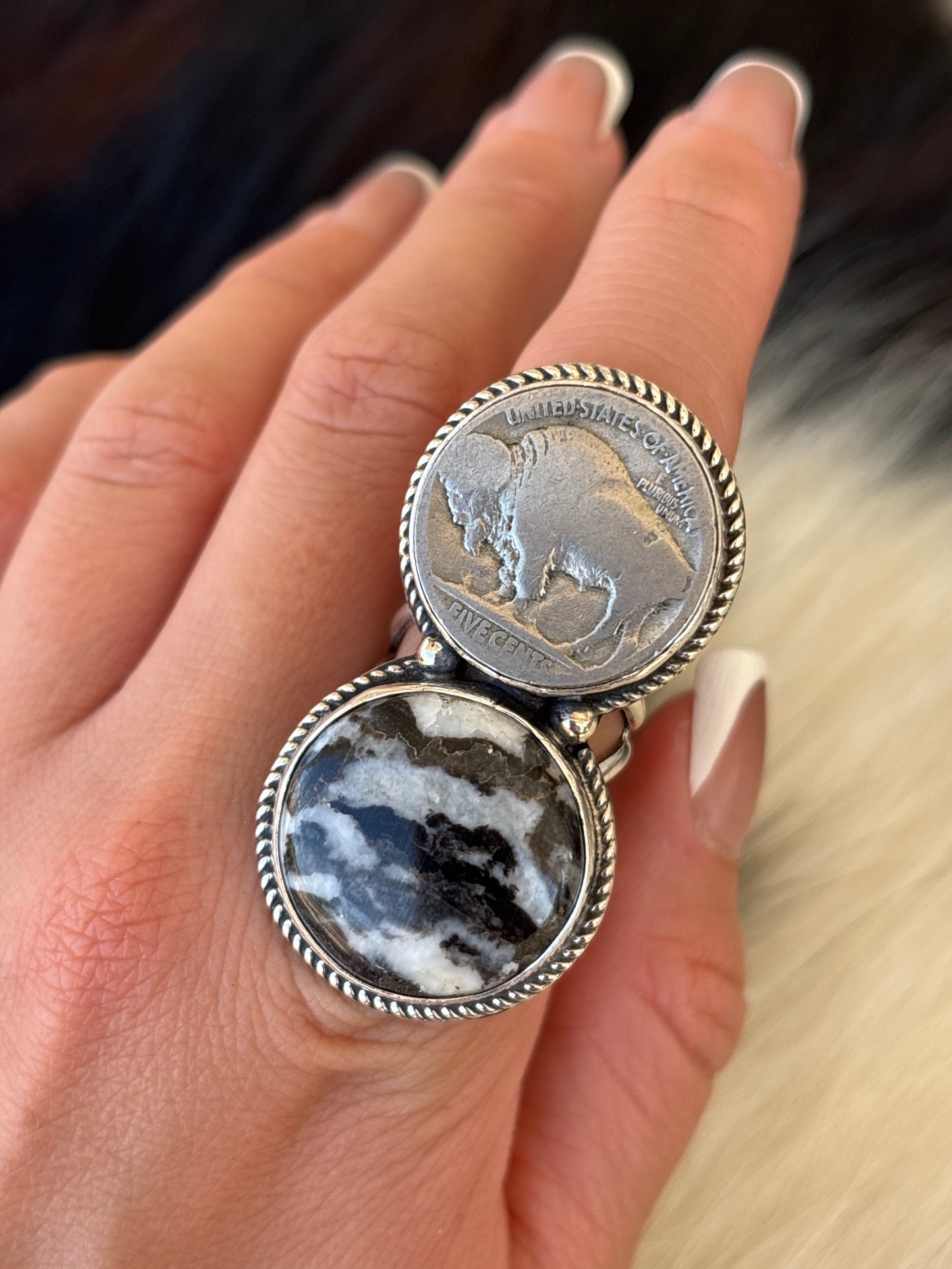 Native American, Hand-Made, Zebra Jasper, Buffalo Nickel & Sterling Silver Ring