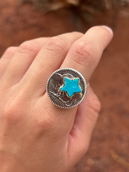 Native American, Hand-Made, Turquoise, Buffalo Nickel & Sterling Silver Ring