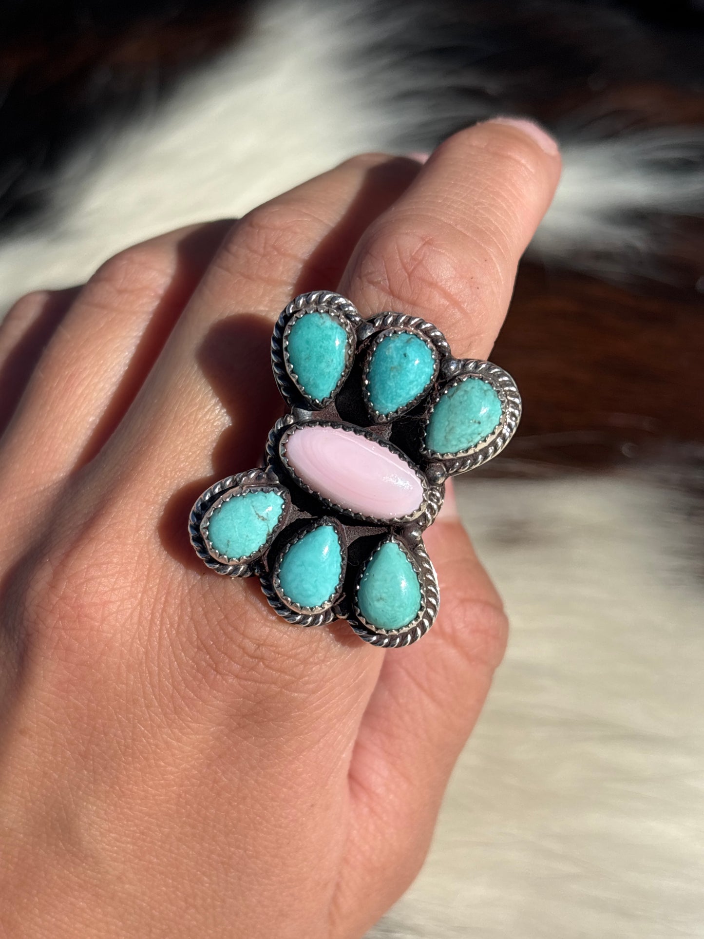 Native American, Hand-Made, Turquoise, Pink Conch & Sterling Silver Ring