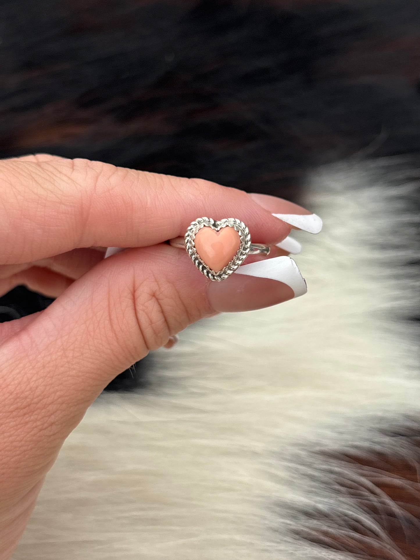 Native American, Hand-Made, Pink Conch & Sterling Silver Heart Ring