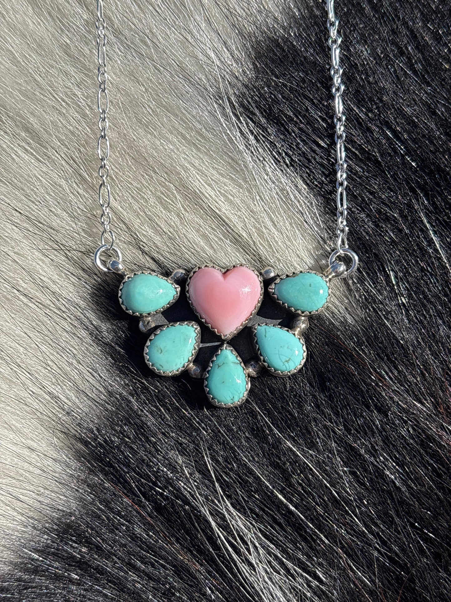 Native American, Hand-Made, Pink Conch, Turquoise & Sterling Silver Necklace