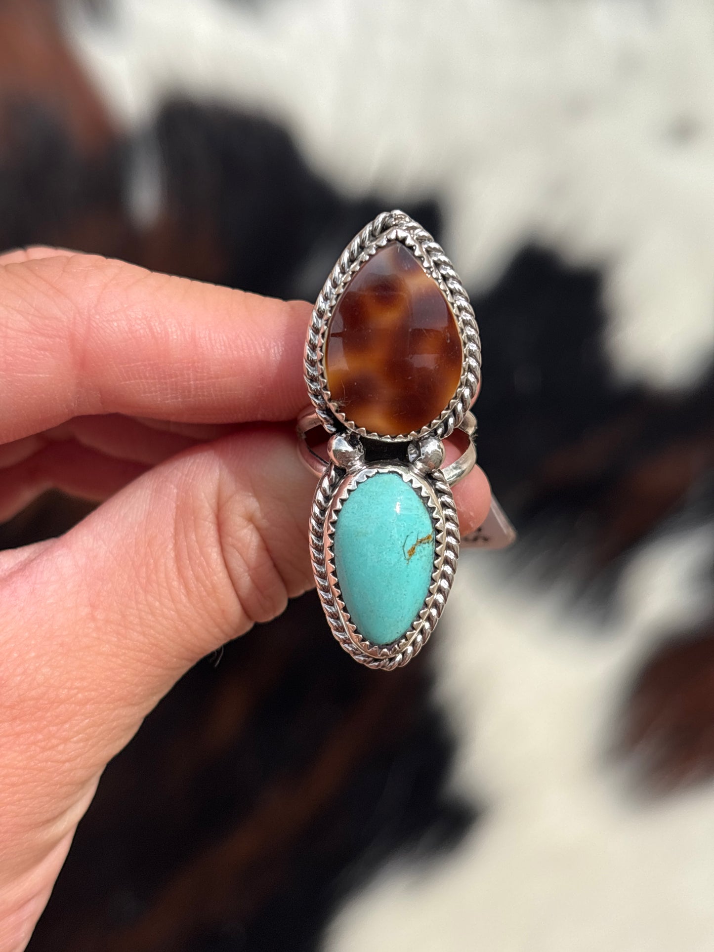 Native American, Hand-Made, Turquoise, Cowrie & Sterling Silver  Ring