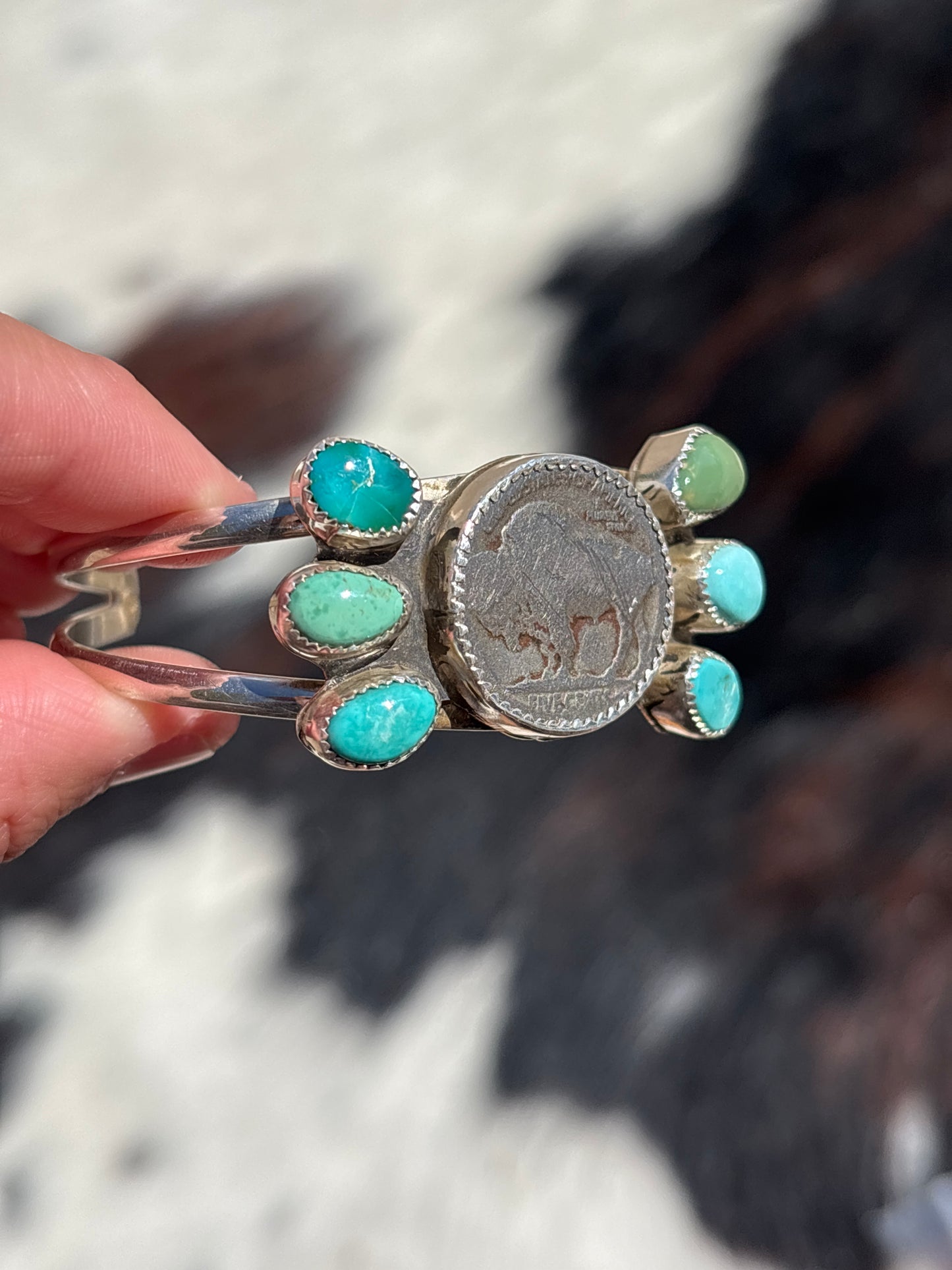 Native American, Handmade, Royston Turquoise, Buffalo Nickel & Sterling Silver Cuff