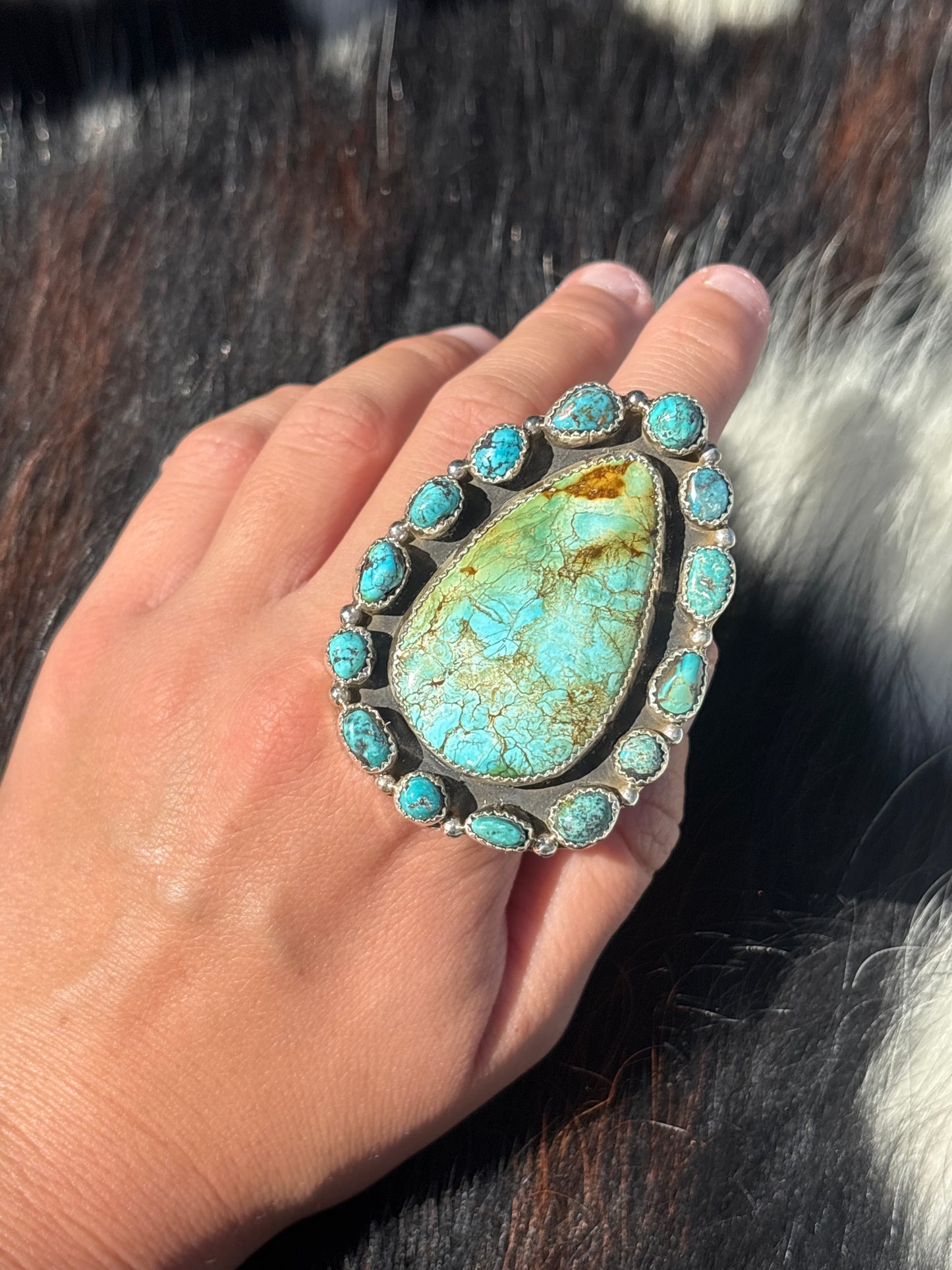 Native American, Hand-Made, Sonoran Gold Turquoise & Sterling Silver Adjustable Ring