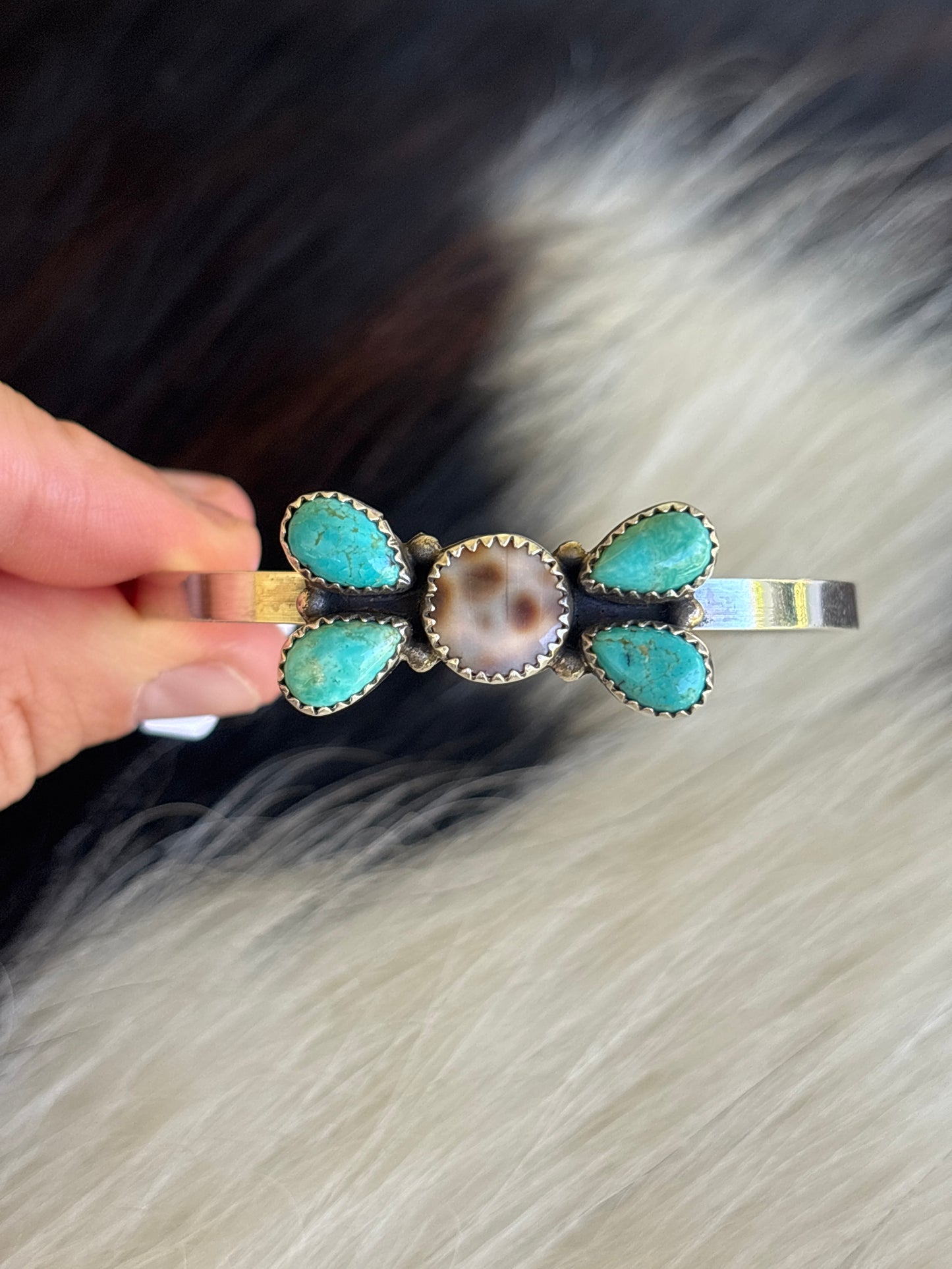Native American, Handmade, Cowrie, Turquoise & Sterling Silver Cuff